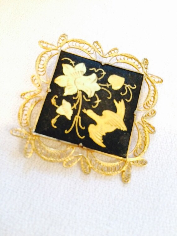 Vintage Spanish Damascene black & gold filigree s… - image 2