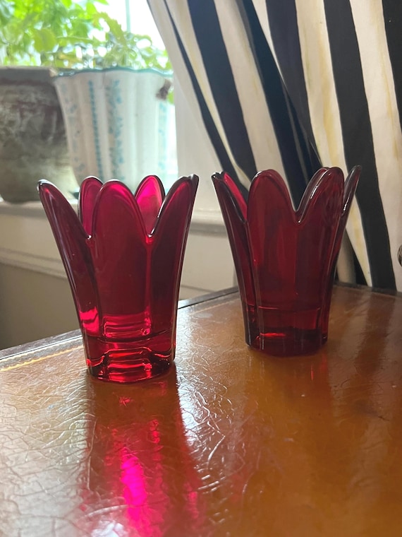 Pink Cranberry Ruby Glass Tulip Candle Holders, Votives, Small Vase, Collectible late MCM Vintage