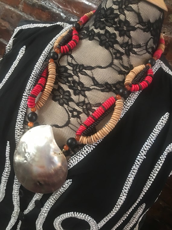 Vintage Boho Beach Party Tropical Shell & Colorful Wood Beads Festival Gypsy Tribal Statement Necklace