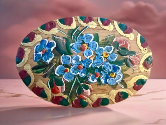 Cottage Hand Painted dainty blue flowers on Natural Wood Vintage Brooch, mid century artisan made, Romantic Something Blue Floral Pin