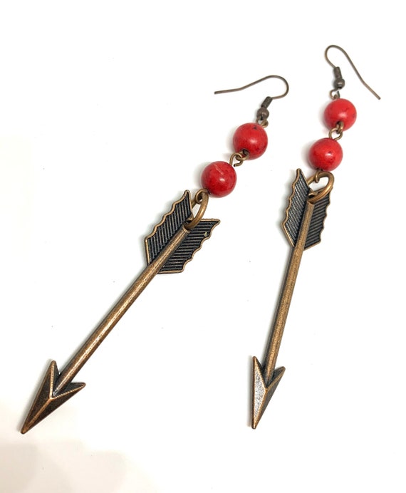 Long Bronze Arrow Dangles with Red Coral Beads, Edgy Boho Tribal Vintage Earrings, 4 inches long!