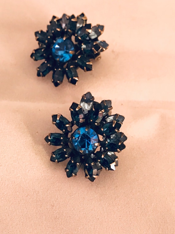 Sapphire Blue Rhinestone Sunburst Statement Earrings, signed Vogue Quality 50s Costume Jewelry, something Blue for your wedding too!