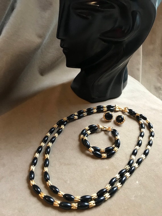 Exotic Black and Gold Crown Trifari Set: Necklace Bracelet Earrings, Art Deco Disco Vintage  70s Costume jewelry, Estate Statement Jewelry