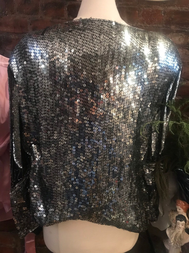 fun Party Top AS IS 90s still great Sequin Top Blouse lots of wear still Some minor Bead Loss Blacks and Silvers needs a bit of TLC