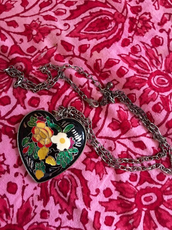 Elegantly romantic Cloisonné flowered puff heart … - image 3