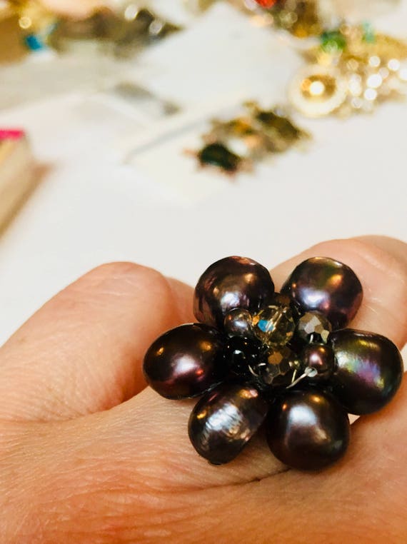 Vintage Black Water Pearl Cluster Bead Floral Adj… - image 1