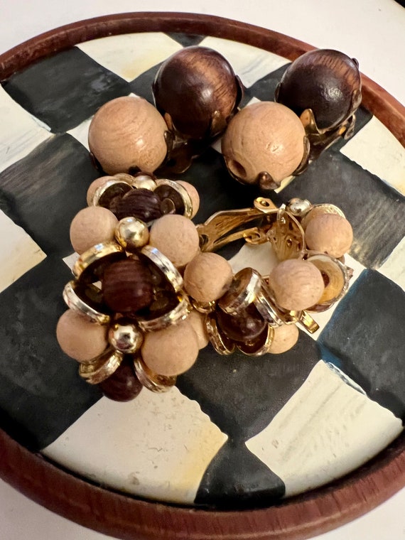 Vintage Wooden Earrings, 2 pairs of Mid Century Natural Wood Bead Clip Ons