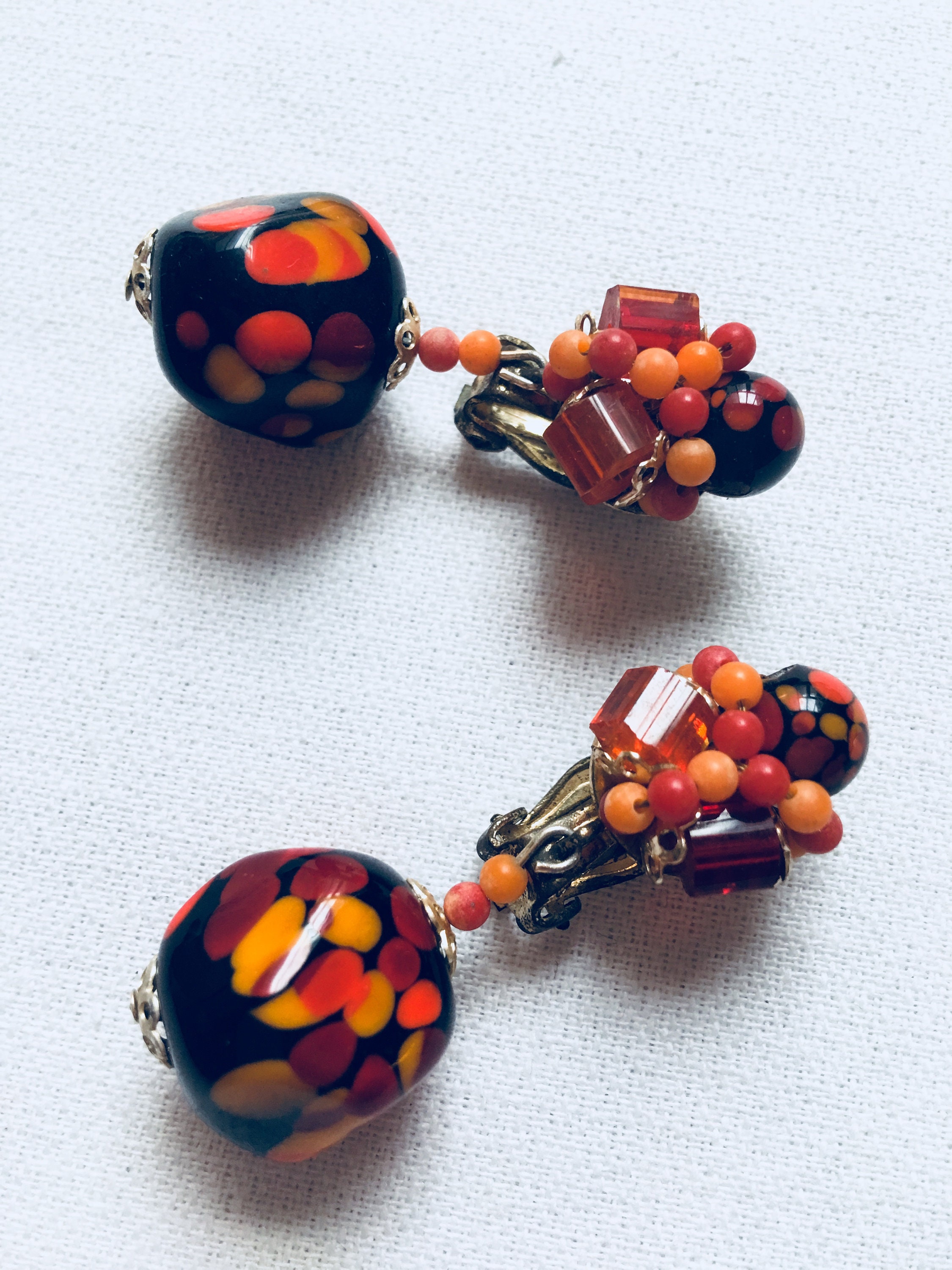 Signed Japan Vintage Art Glass & beaded Clip On Dangle Earrings