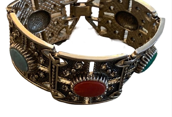 Gothic Revival Vintage Bracelet, Mid Century Sarah Cov Ornate cuff with Jewel tone Cabochons