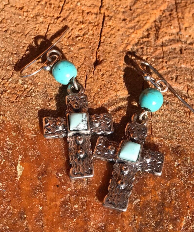 Southwestern Style Silver Tone with Blue Green beaded Embossed Cross Dangle Earrings