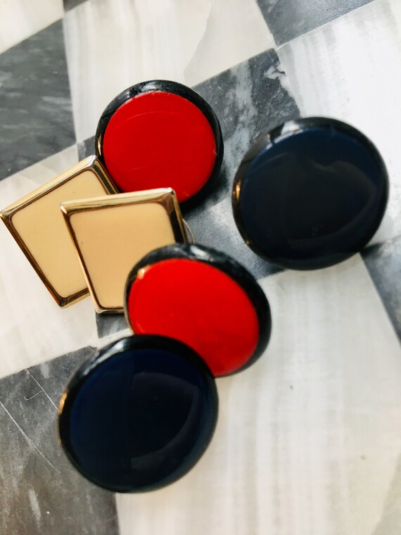 Eames Minimalist Primary Color Post Earrings, Mid Century Vintage Wardrobe Staples, 3 Pairs, Fresh Backs