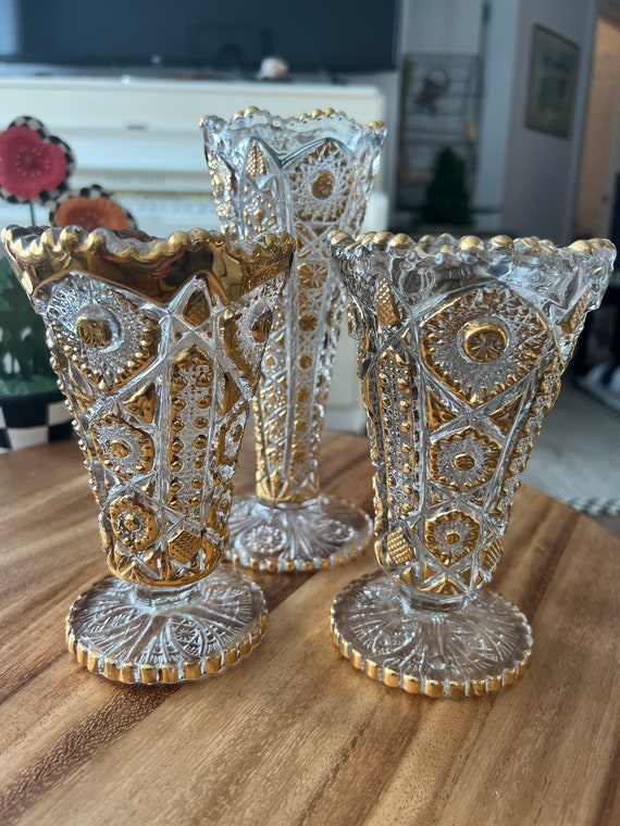 Vintage EAPG Pressed Glass IMPERIAL DAISY Button Pattern with Ritzy Gold on Clear elegant faux cut crystal, Rare Set of Glitzy Classic Vases