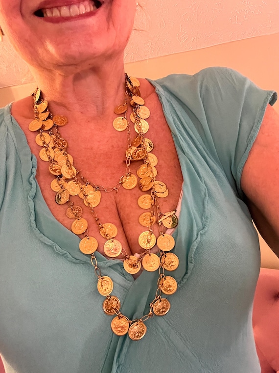 Vintage Faux Gold Coin Bling Belt, Super Long Convertible Shiny Golden Greek Island exotic Necklace Jingly Hip Chain Glamour Vacay Jewelry