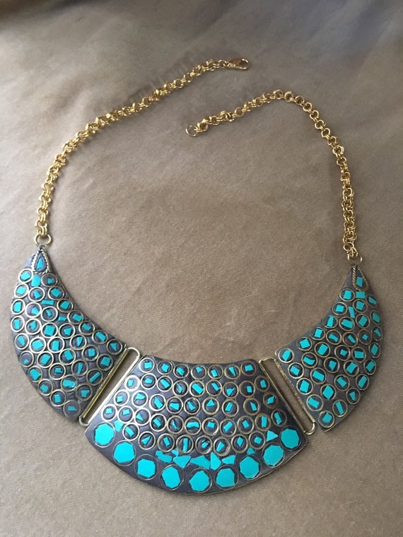 Beautiful Vintage Brass & Turquoise Bibbed Choker… - image 10