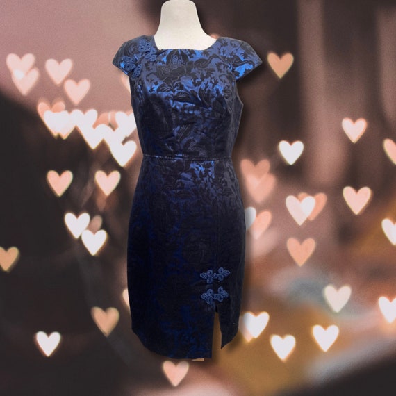 Electric Blue & Black Damask Pencil Dress By Eva Franco, early 2000s Y2K fashion