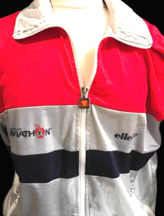 Rare Vintage 80s Ellesse Track Jacket with NYC marathon design logo red gray and black running attire
