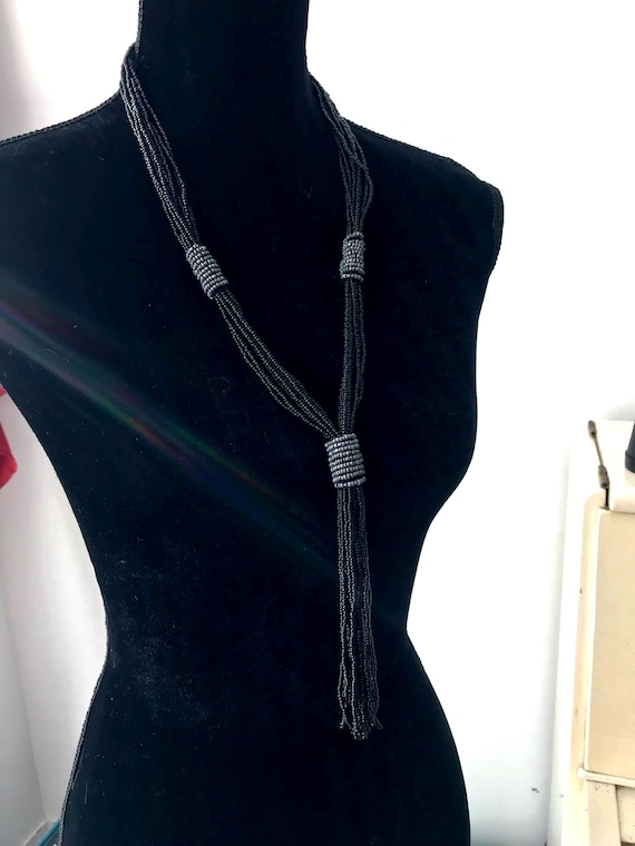 Vintage Long  Southwestern Black and Grey Seed Bead Necklace: Multistand Tribal Statement Piece with Knot and Tassel