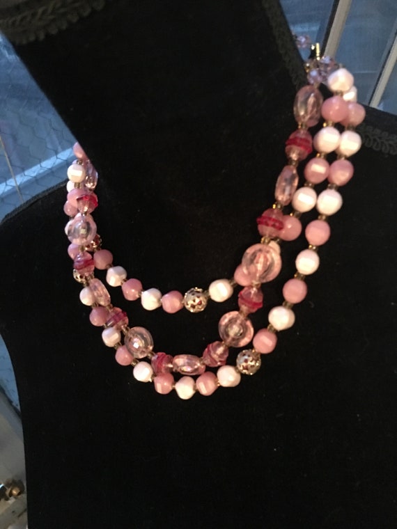 Pretty in Pink Choker statement Necklace, multistrand, Pink Beads with Ornate Filigree, Dainty Vintage Prom Jewelry, Date Night Bling