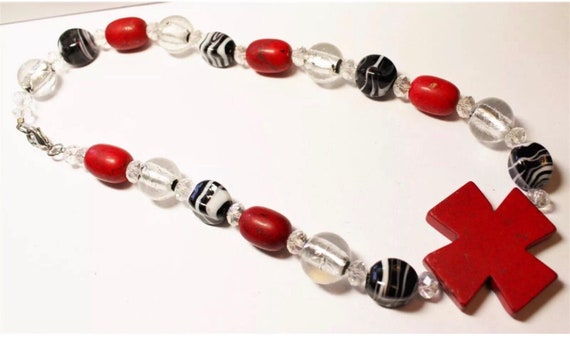 80s Glam Punky Necklace, Material Girl Red Cross & Crystal Art Glass Beaded necklace Choker with Punk Rock off centered Red Maltese Cross