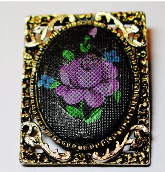 Fantastic Brooch Pin Black & Purple Faux Cross Stitch Floral Cameo in Decorative Goldtone  Frame