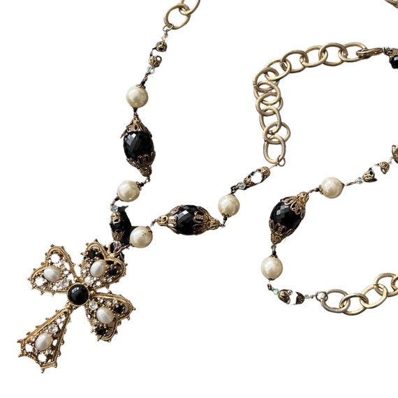 Vintage Gothic Cross Pendant, Victorian Revival Filigree settings with Faux Pearls and Black Gems on Long Ornate Chain Necklace Bling Belt