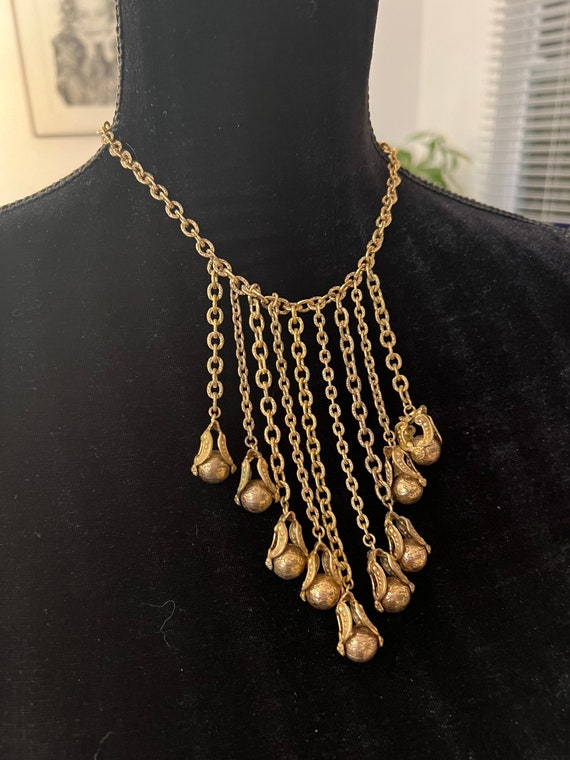 Boho Gypsy Fringy Charm Necklace, 80s Glam Ornate Filigree Ball Repousse Goldtone Charm Choker Statement Necklace, Tribal Mogul Jewelry