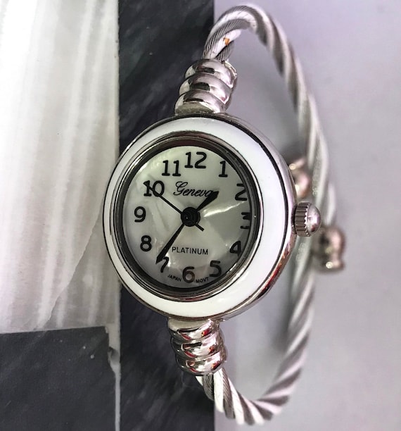 Vintage White Enamel Geneva Bracelet Watch, Summer Watch, Glamour Jewelry