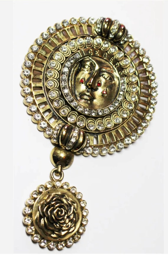 Huge ICEBERG Sun Face Celestial Medallion Statement Brooch Lapel Pin, Big Bold 90’s Bling, RARE Signed High Fashion Runway Designer Jewelry