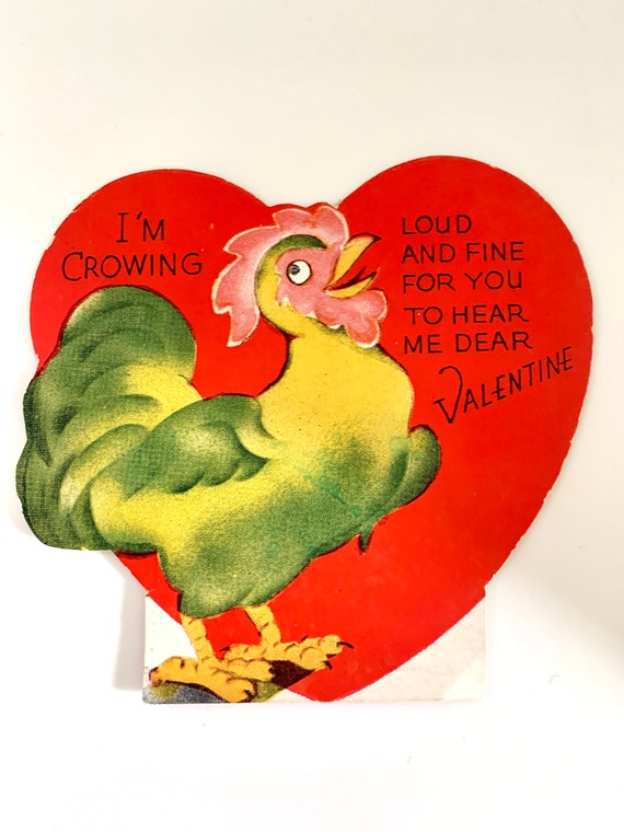 Antique 1930s Rooster Crowing Valentine, Sassy Kitsch Vintage Valentines Day Card, Holiday scrapbook