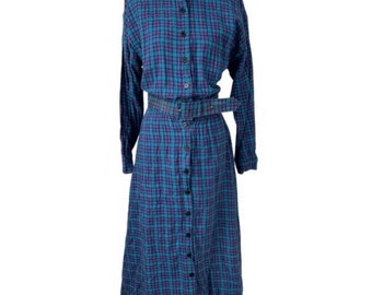 Vintage JG Hook Blue Plaid Flannel Shirt Dress, Size M/L with Belt