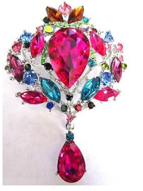 Gorgeous Fruit Salad Rainbow Glass Rhinestone HUGE Unisex Lapel Pin