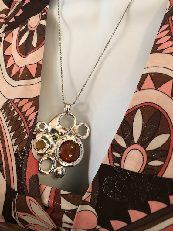 Unique Vintage Abstract Modernist Pendant Necklace with ball chain, Silvertone with Topaz Cabochons