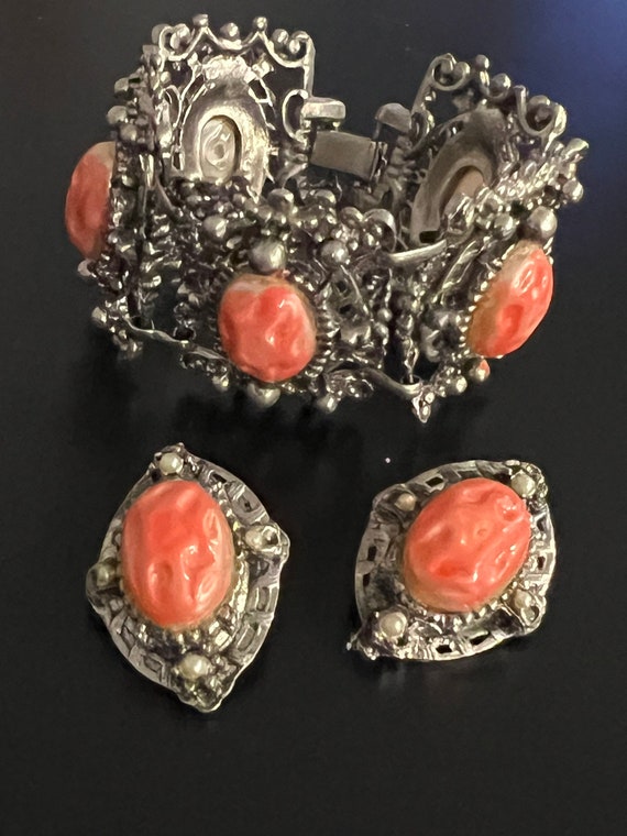 Gothic Revival Panel Bracelet Clip Earrings, Orange 70s Vintage Jewelry Set, Baroque Costume Jewelry, Designer Demi Parure