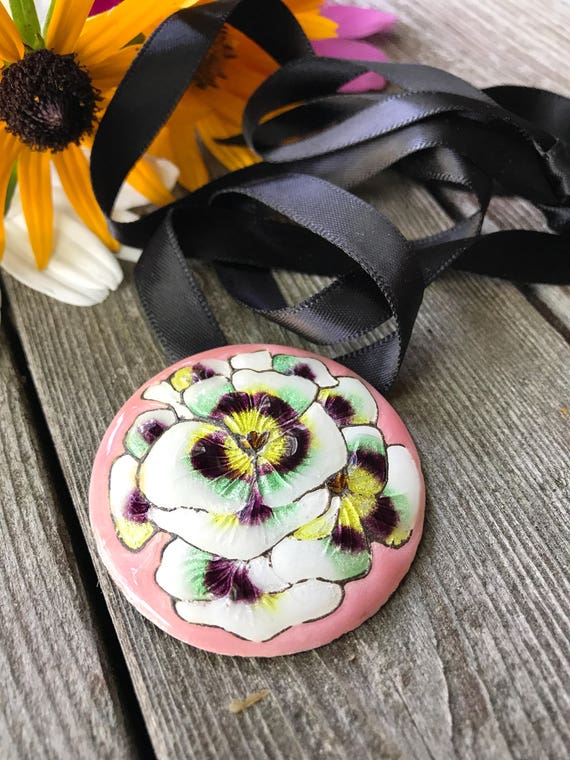 Vintage Enamel Art Pansy Flowers medallion pendant 1960's