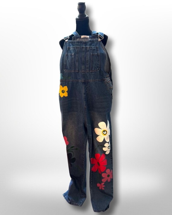Vintage 90s OVERALLS, Oversized Urban Streetwear with Huge Colorful Flowers, Vintage on Trend Reboot NYFW 2023, Y2K Denim Tokyo Street Style