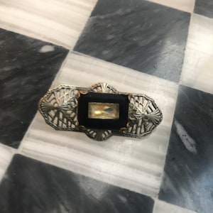 Victorian/ early Deco Art  Black Camphor Glass & Silver Filigree small bar pin, collar or lapel Pin, Vintage Brooch, Antique Pin