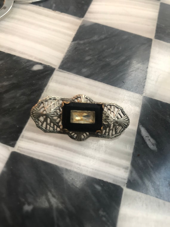 Victorian/ early Deco Art  Black Camphor Glass & Silver Filigree small bar pin, collar or lapel Pin, Vintage Brooch, Antique Pin