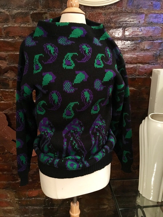 Vintage CRAYONS black purple & green paisley knit… - image 4