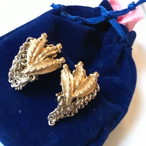 Signed ART gold tone Clip On Vintage Earrings with dangle draping chains, Mid Century Modernist 60s Costume Jewelry