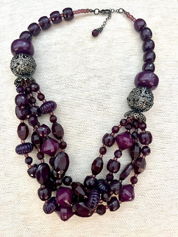 Cascading strands of Deep Purple molded plastic beads & Openwork Filigree Domes, Statement Necklace in lush Now Trending sultry Grape color