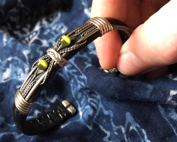 Black Leather Cuff Bracelet with Southwestern Style Silvertone & green tiger's eye bead embellishing