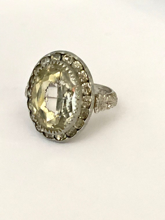 Art Deco Ice Crystal Statement Ring, Quite Worn- Elegantly Shabby - pretty floral details on Steele band, Would make a lovely promise ring!