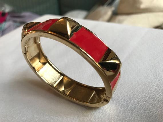 Punky Red Enamel Bangle, Lipstick Red with Goldtone Studs, Awesome 80s Hipster Clamper Bracelet