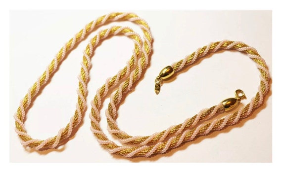 Long Big 70’s- 80’s Bling Gorgeous Glam Goldtone & Seed Pearl Beads Thick Twisted Rope Chain 31” Necklace