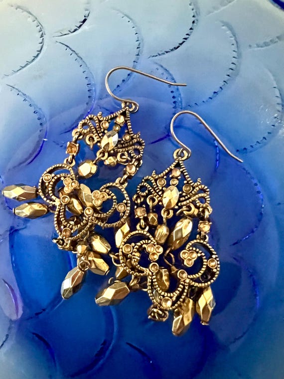 Gothic Victorian Rival Golden Ornate Chandelier Dangle Statement Earrings, Romantic and not too Heavy!