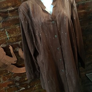 Vintage Erin London ultra suede long shirt, brown with silver Splatter 80s New Wave Oversized Blouse, Zoom Party Outfit image 4