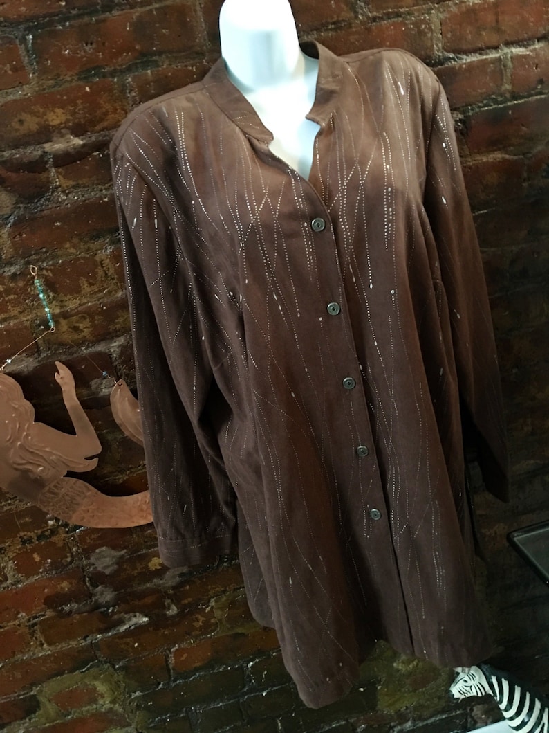 Vintage Erin London ultra suede long shirt, brown with silver Splatter 80s New Wave Oversized Blouse, Zoom Party Outfit image 4