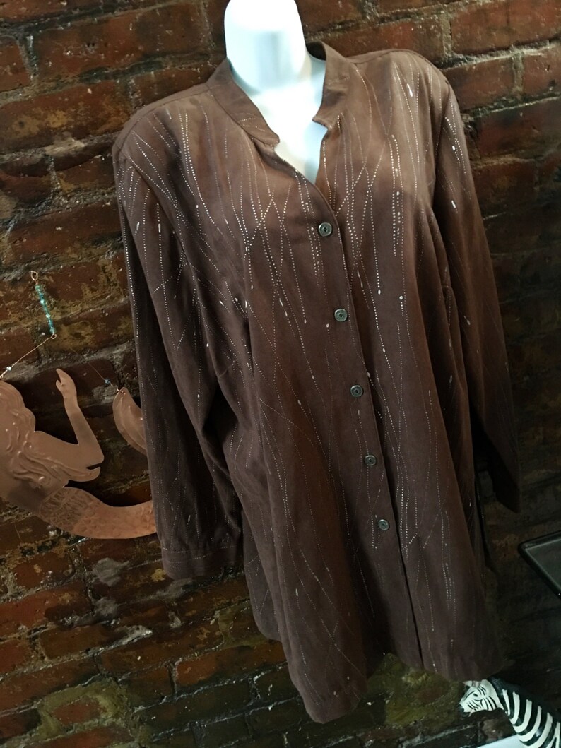 Vintage Erin London ultra suede long shirt brown with silver drizzle 80s oversized New Wave Fashion