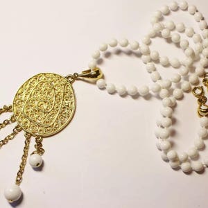 Vintage Plastic Goldtone Medallion & White Beads Boho Bohemian Tribal Eastern inspired MidCentury Pendant Necklace