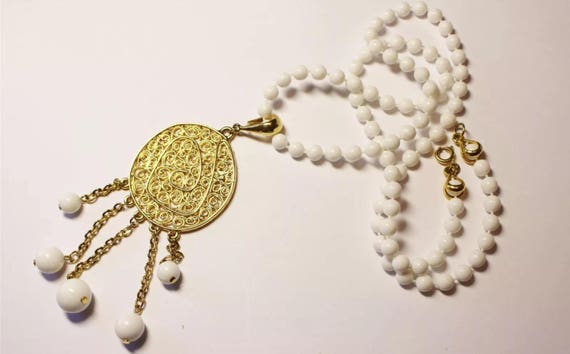 Vintage Plastic Goldtone Medallion & White Beads Boho Bohemian Tribal Eastern inspired MidCentury Pendant Necklace